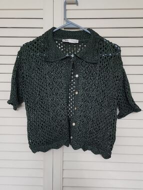 Zara Forest Green Crochet Button-Front Short Sleeve Cardigan